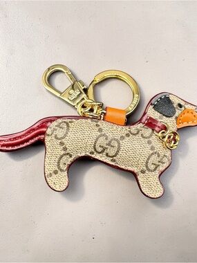 Gucci Monogram Dachshund Keychain in Beige, Red & Orange
